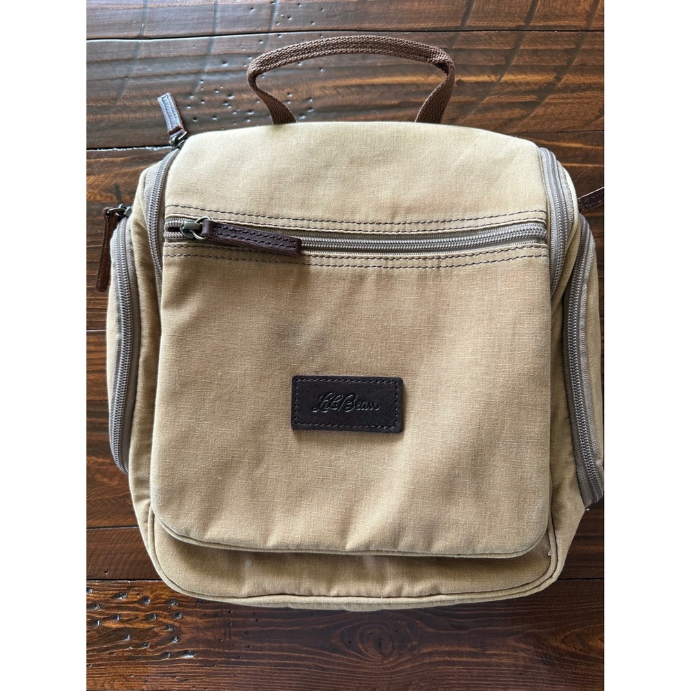 LL Bean Personal Organizer Toiletry Bag Khaki Canvas Plaid Hanging Travel Kit